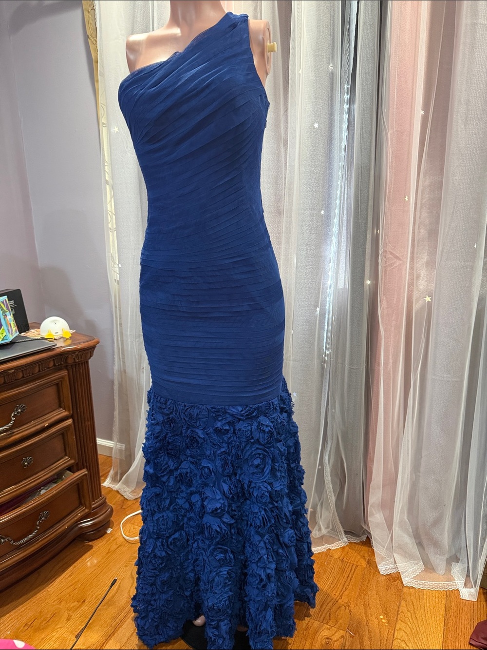 JS Collections Royal Blue One-Shoulder Ruffle Mermaid Gown